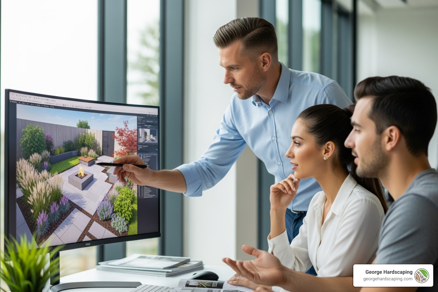 Landscape design and build consultation meeting with 3D renderings A collaborative design meeting with clients looking at 3D renderings on a screen, discussing design elements with landscape professionals in a modern office setting