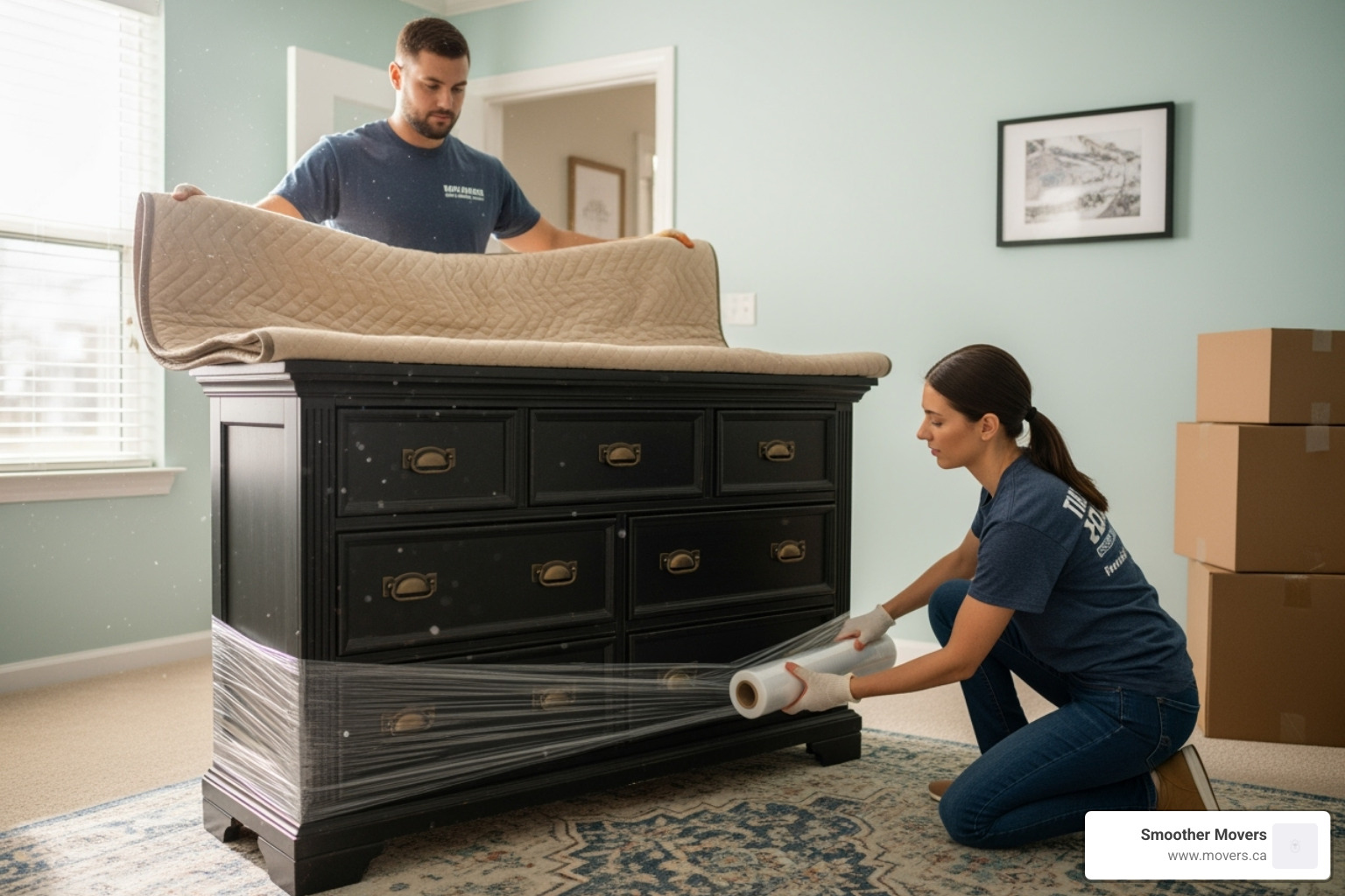 Smoother Movers' team carefully wrapping a large piece of furniture - apartment movers kelowna