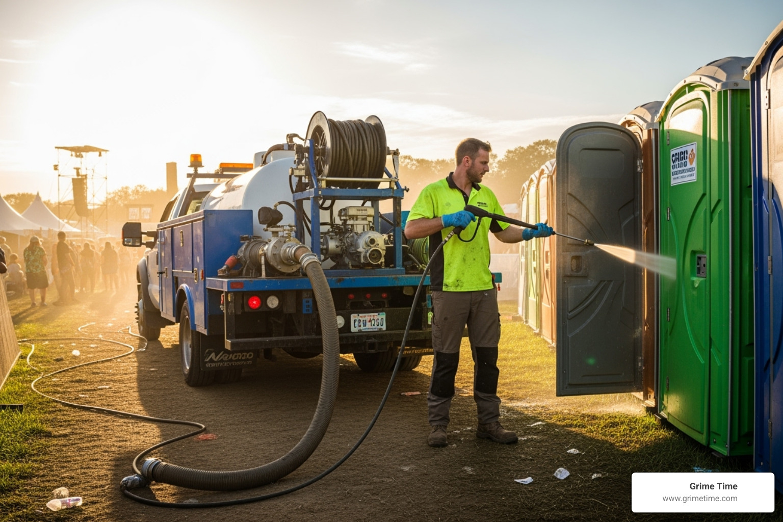 Image of a service truck cleaning a portable restroom - portable restrooms for rent