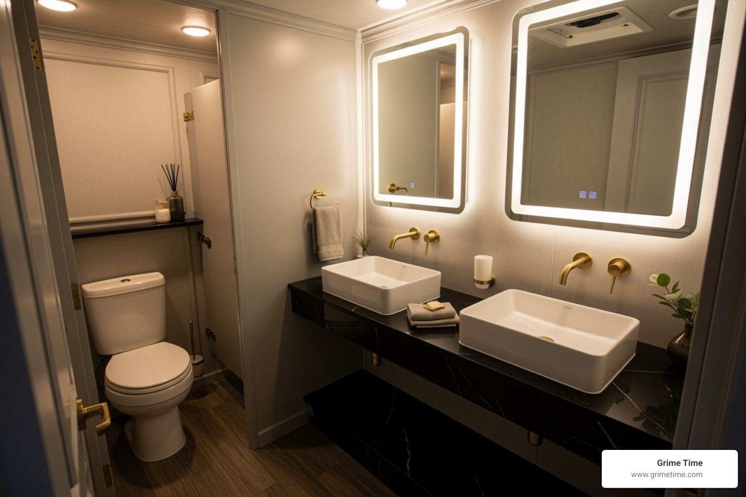 Image of a luxury restroom trailer interior with flushing toilets and sinks - portable restrooms for rent