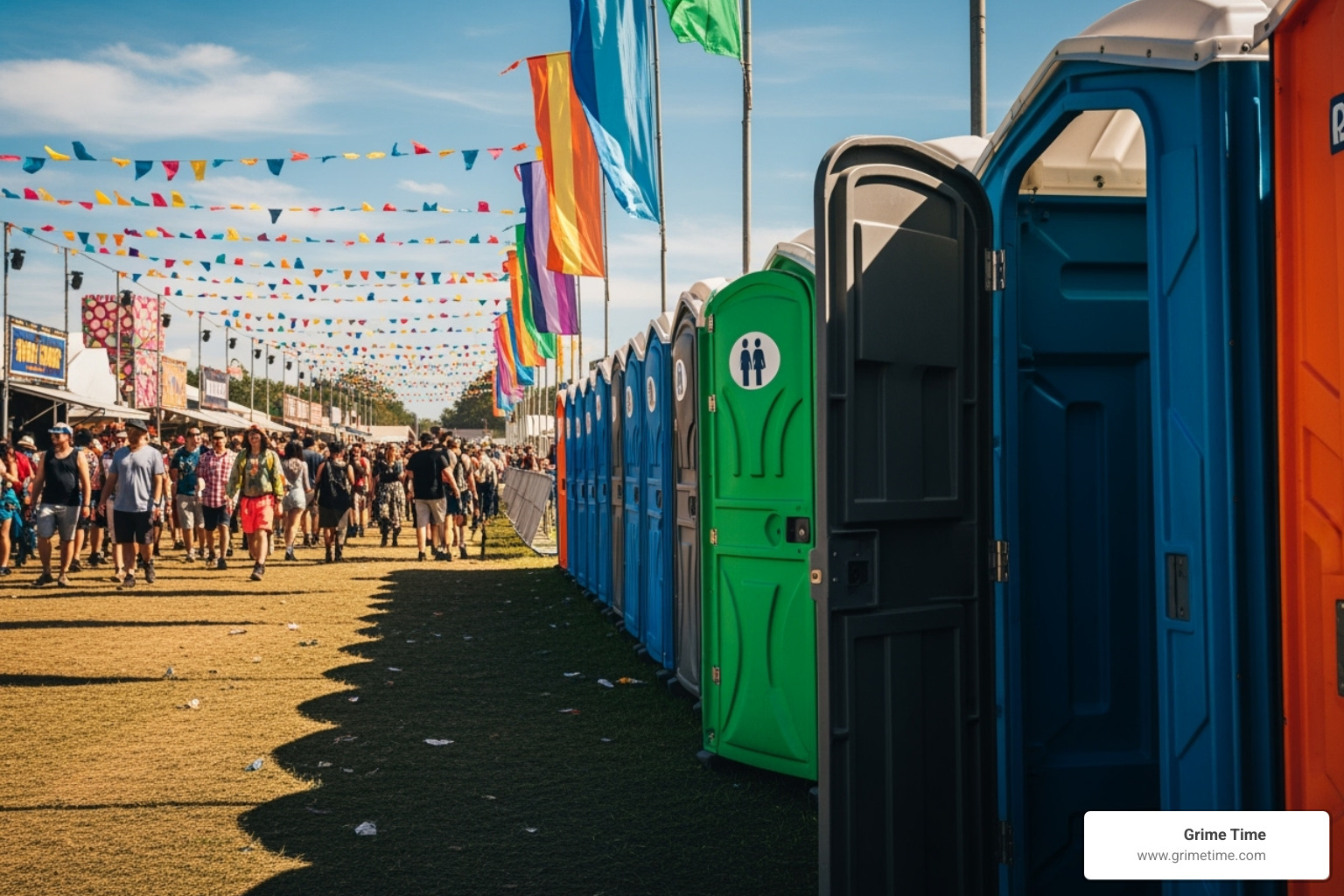 Image of a row of portable toilets at a festival - portable restrooms for rent