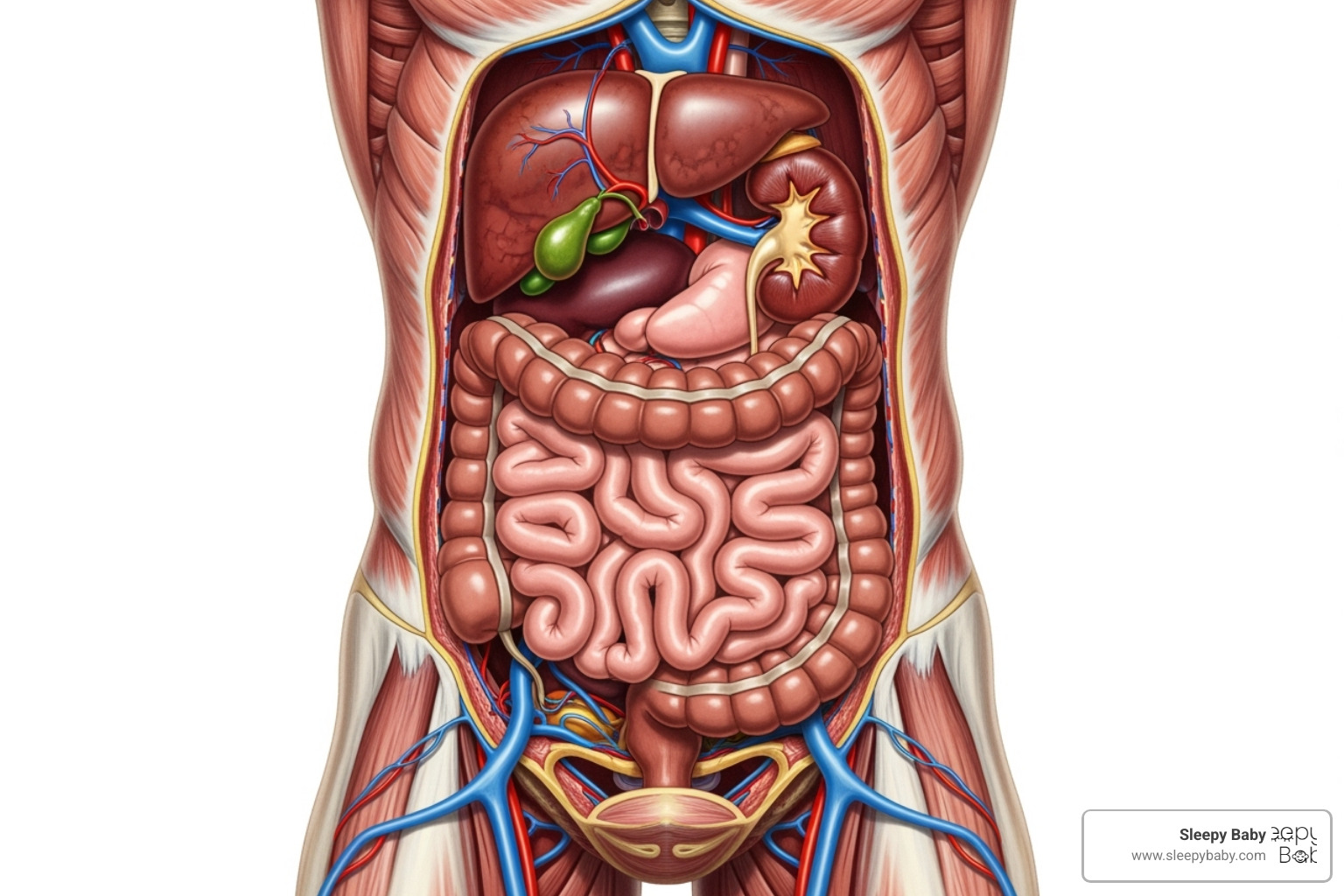 diagram showing the gallbladder, kidneys, and intestines - colic pain