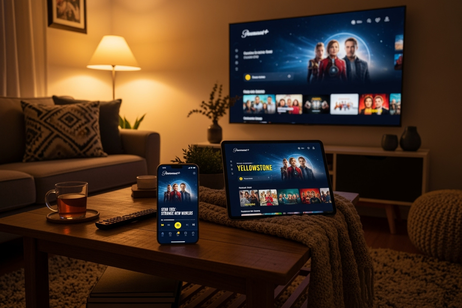 Paramount+ app on phone, tablet, and TV screen -  paramount plus login