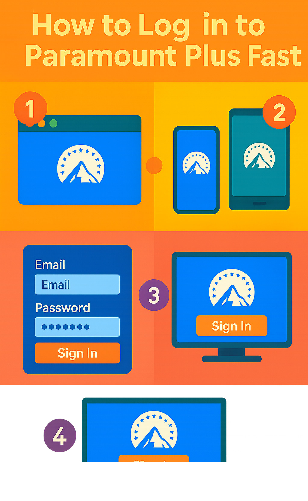 Step-by-step infographic showing Paramount Plus login process across web browser, mobile app, and smart TV with email entry, password field, and sign-in button highlighted -  paramount plus login infographic 