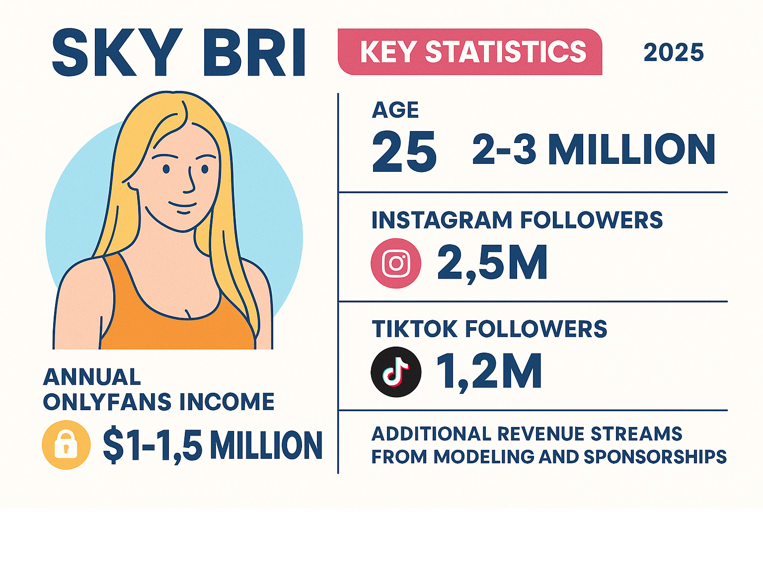 Infographic showing Sky Bri's key statistics: 25 years old, $2-3 million net worth, 2.5 million Instagram followers, 1.2 million TikTok followers, estimated $1-1.5 million annual OnlyFans income, plus additional revenue streams from modeling and sponsorships - sky bri infographic 