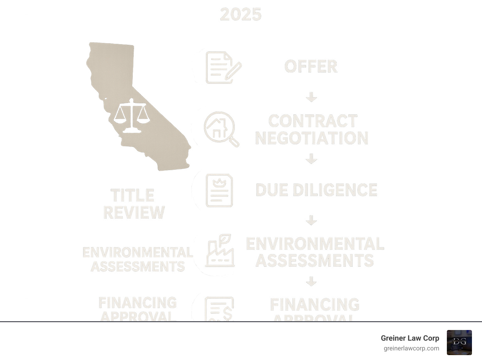 Detailed infographic showing the key stages of a California real estate purchase process from initial offer through final closing, including contract negotiation, due diligence, title review, environmental assessments, financing approval, and recording of deed - california real estate law firm infographic 