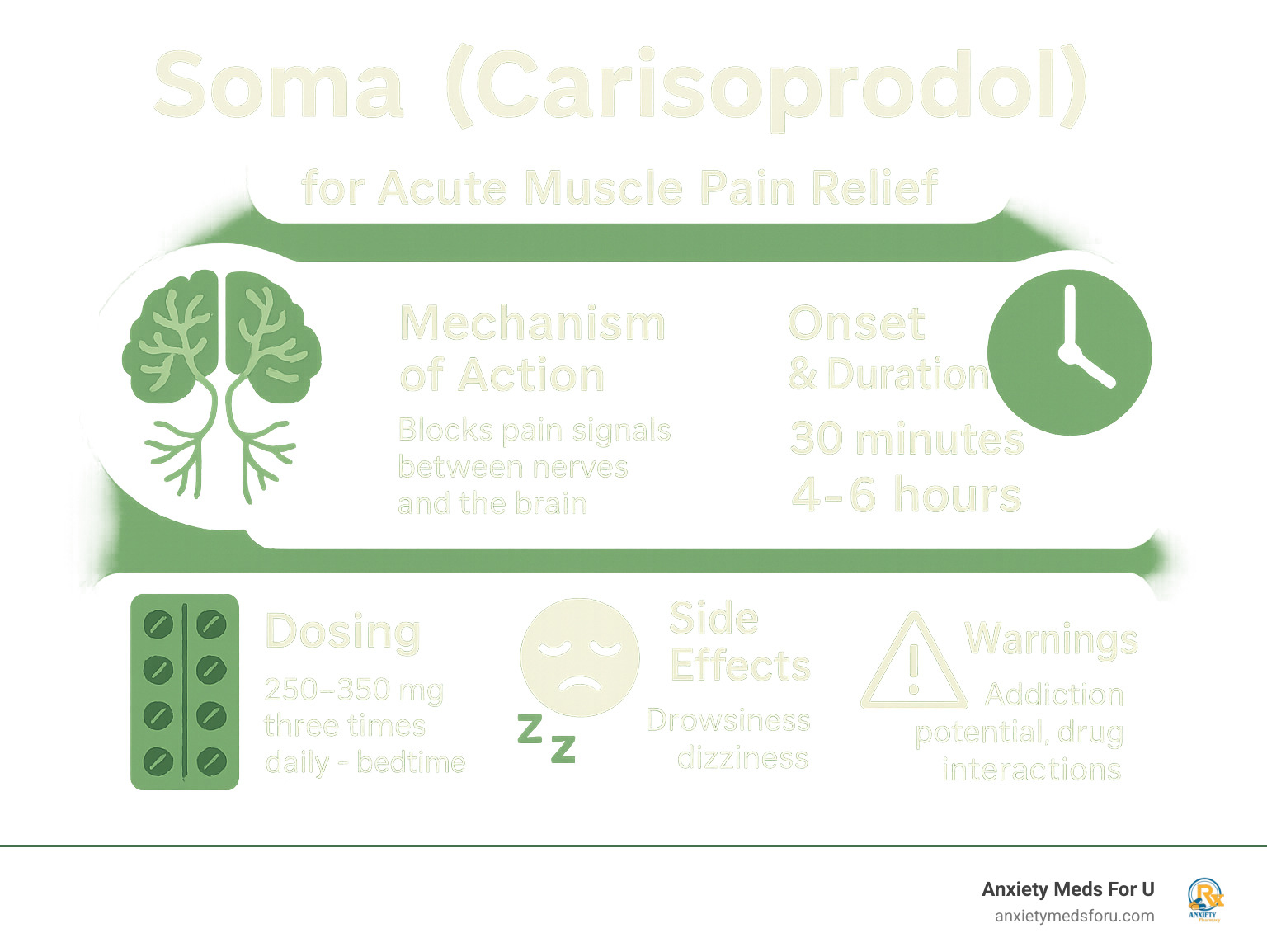 Comprehensive infographic showing Soma's mechanism of action for acute muscle pain relief, including onset time of 30 minutes, duration of 4-6 hours, recommended dosing schedule of 250-350mg three times daily plus bedtime, common side effects like drowsiness and dizziness, and key warnings about addiction potential and drug interactions - Soma ( Carisoprodol )  infographic 