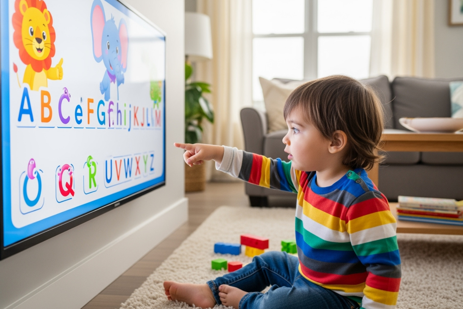 A toddler watching Ms. Rachel and pointing at the screen - ms rachel
