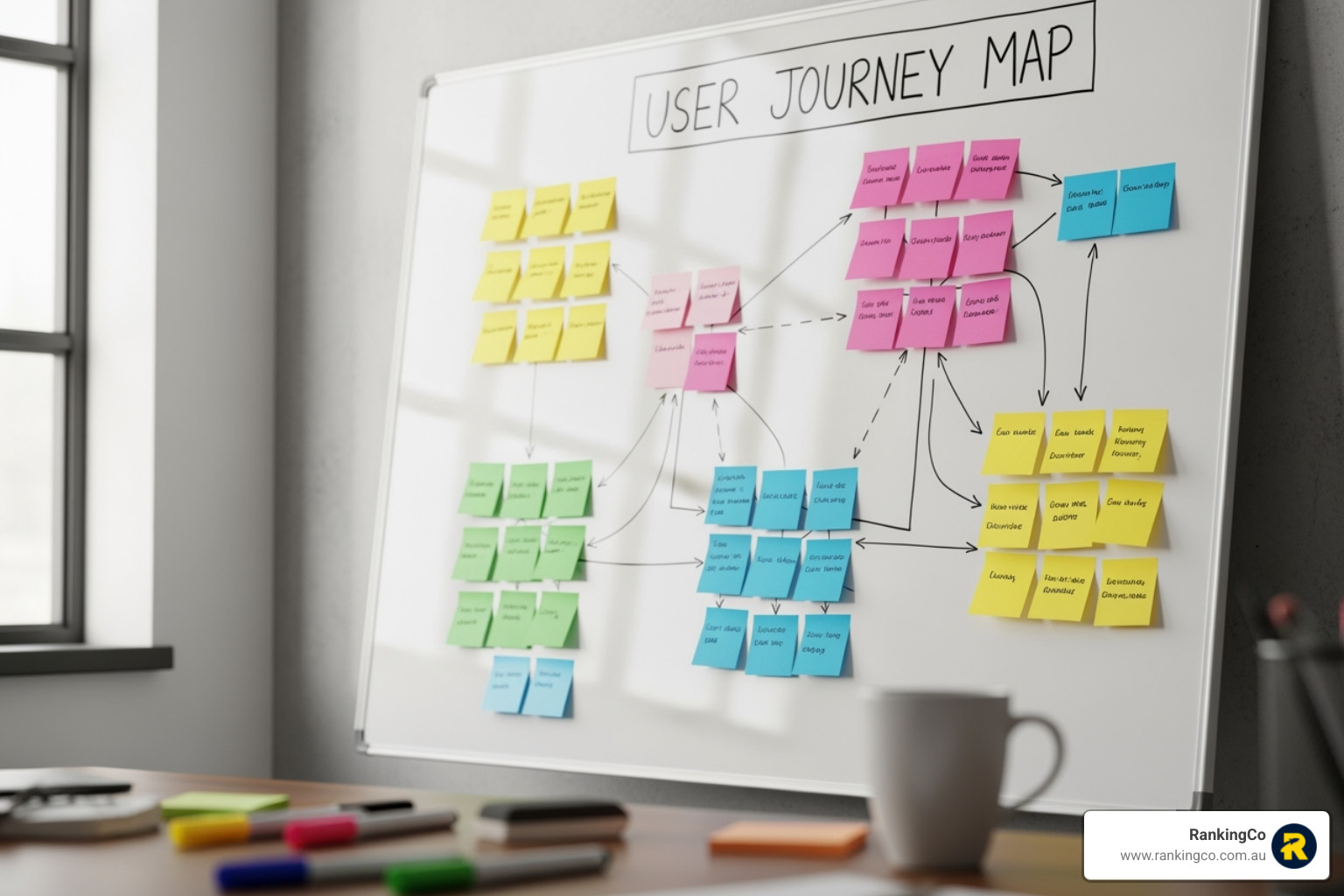 A user journey map is laid out on a whiteboard, with sticky notes and lines illustrating different customer touchpoints and decision paths - Conversion rate strategies