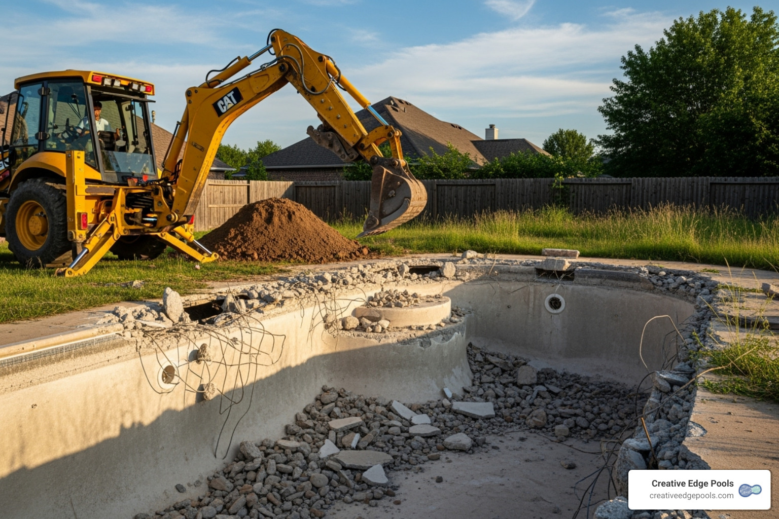 backhoe demolishing a concrete pool shell - pool removal permit