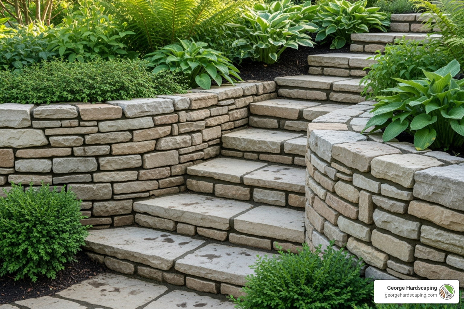 Neat curved retaining wall made from natural stone, with integrated steps and lush plantings
