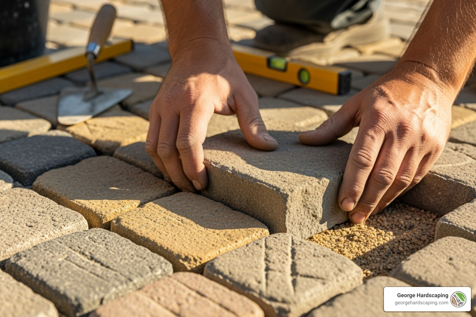 Skilled mason carefully setting a stone in place on a walkway, highlighting precision and craftsmanship