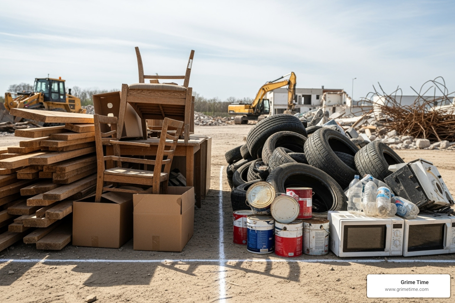 accepted materials like wood and furniture next to prohibited items like paint cans and tires - trash dumpster rental round rock tx