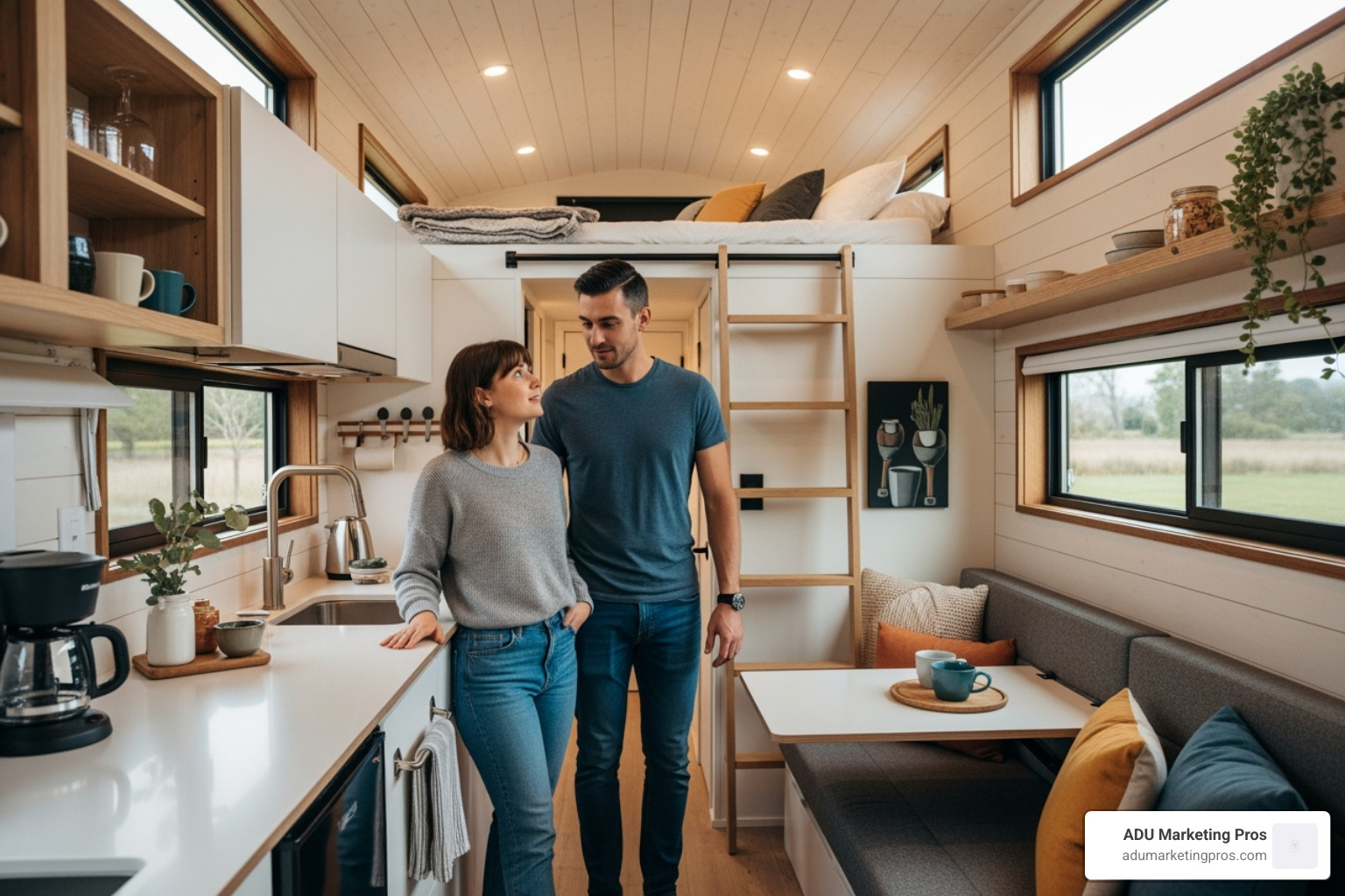 couple touring tiny house interior - tiny house events in southern california