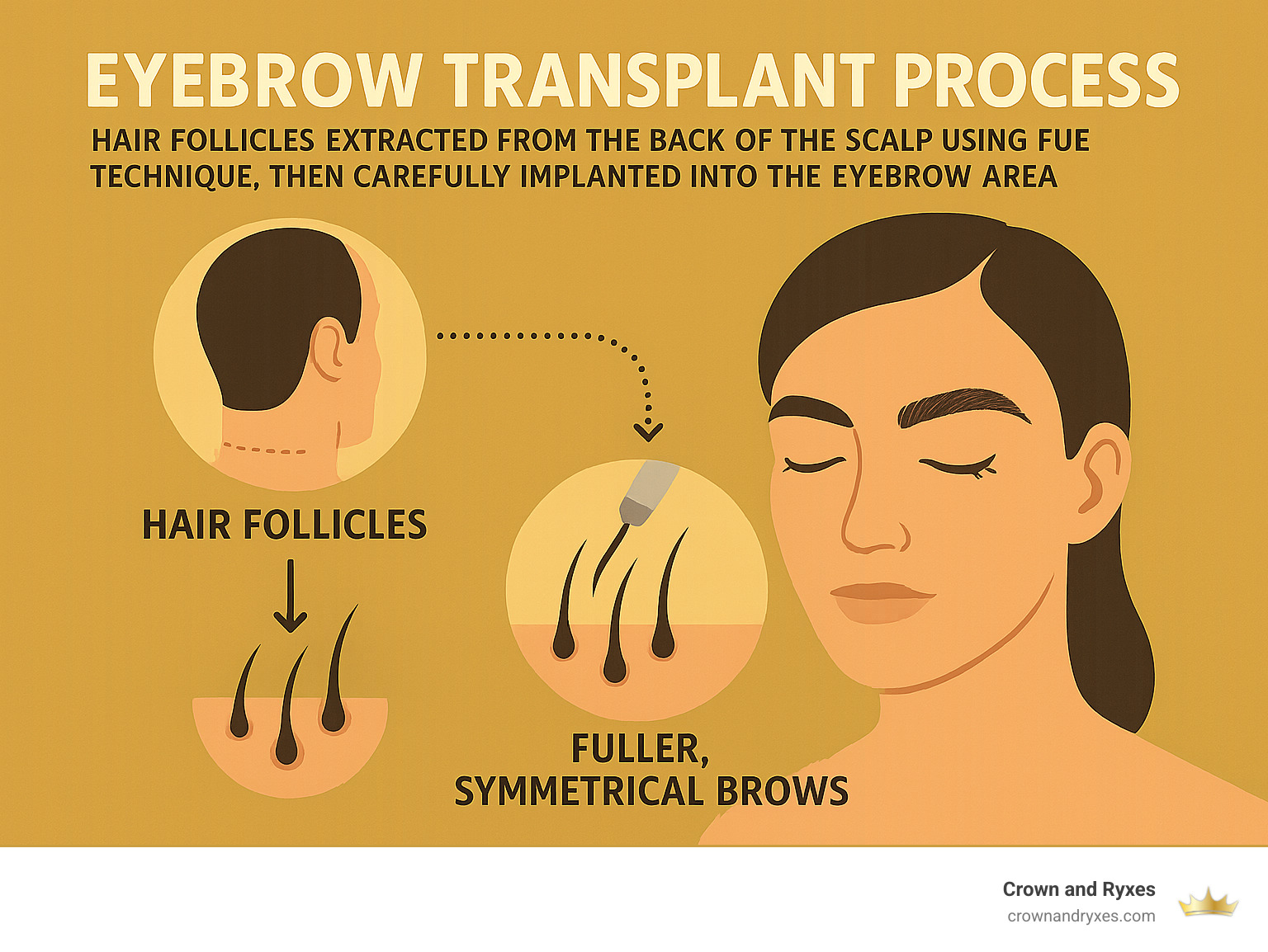 Infographic showing the eyebrow transplant process: hair follicles extracted from the back of the scalp using FUE technique, then carefully implanted into the eyebrow area following natural growth patterns and angles to create fuller, symmetrical brows - eyebrow implant before and after infographic 