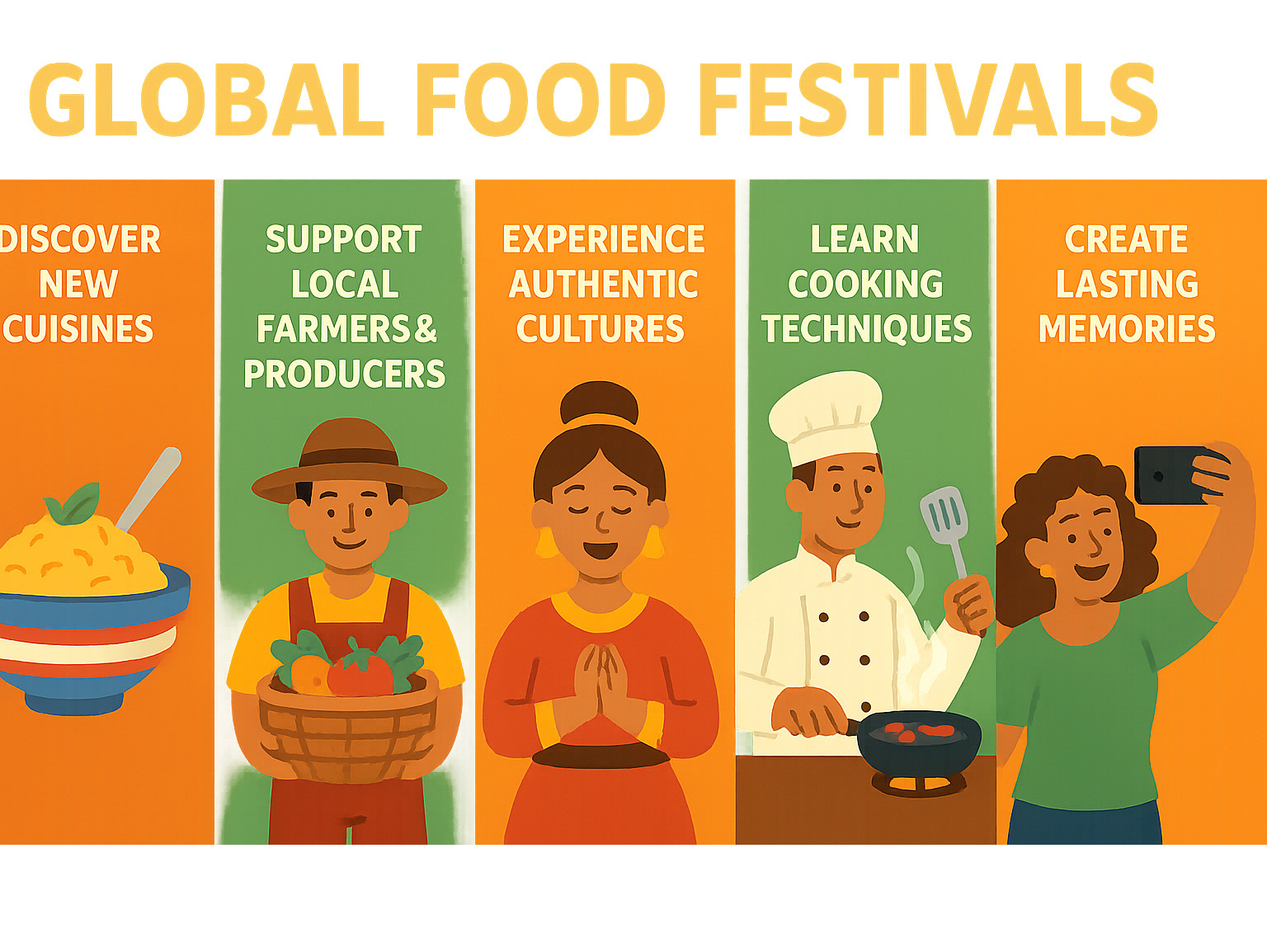 Infographic showing the key benefits of attending global food festivals: finding new cuisines from around the world, supporting local farmers and food producers, experiencing authentic cultural traditions, learning cooking techniques from professional chefs, and creating lasting memories through unique culinary trips - Global food festivals infographic 