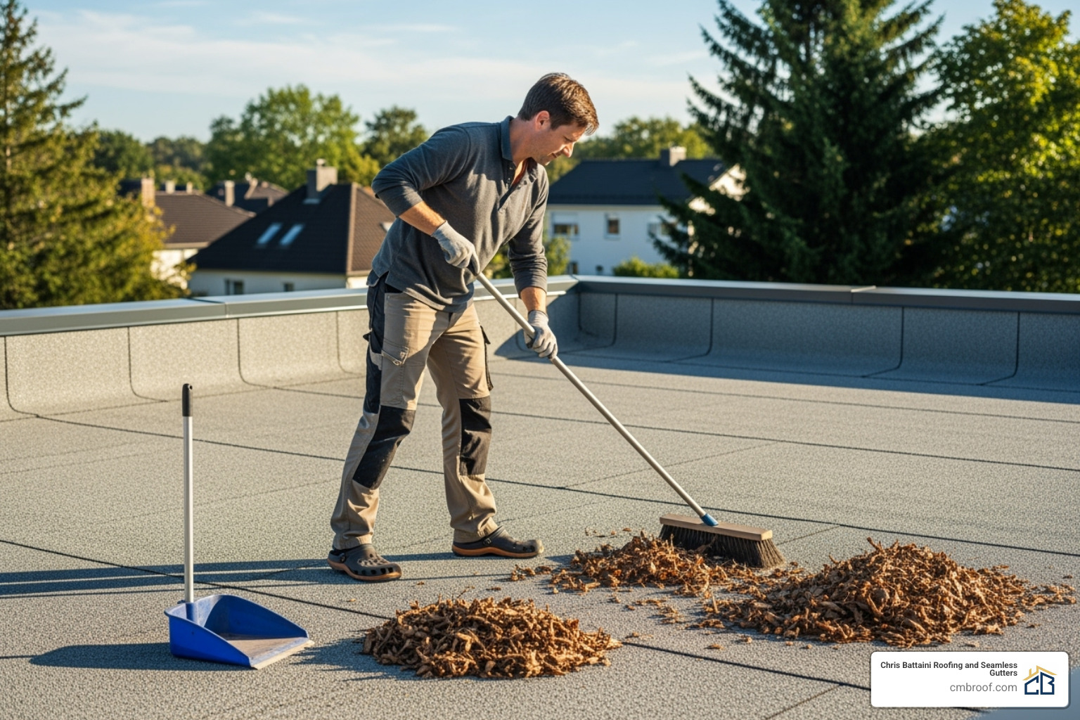 homeowner safely sweeping debris from a flat roof - residential flat roof maintenance