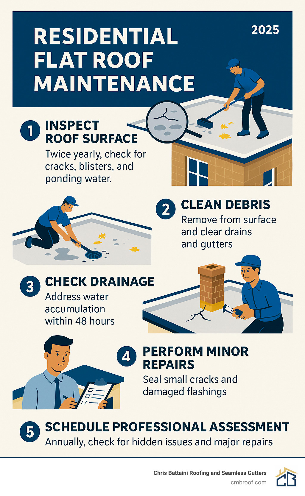 Comprehensive flat roof maintenance infographic showing 5 key steps: 1) Inspect roof surface twice yearly for cracks, blisters, and ponding water, 2) Clean debris from surface and clear all drains and gutters, 3) Check drainage systems and address water accumulation within 48 hours, 4) Perform minor repairs on small cracks and damaged flashings, 5) Schedule professional assessment annually for hidden issues and major repairs - residential flat roof maintenance infographic 