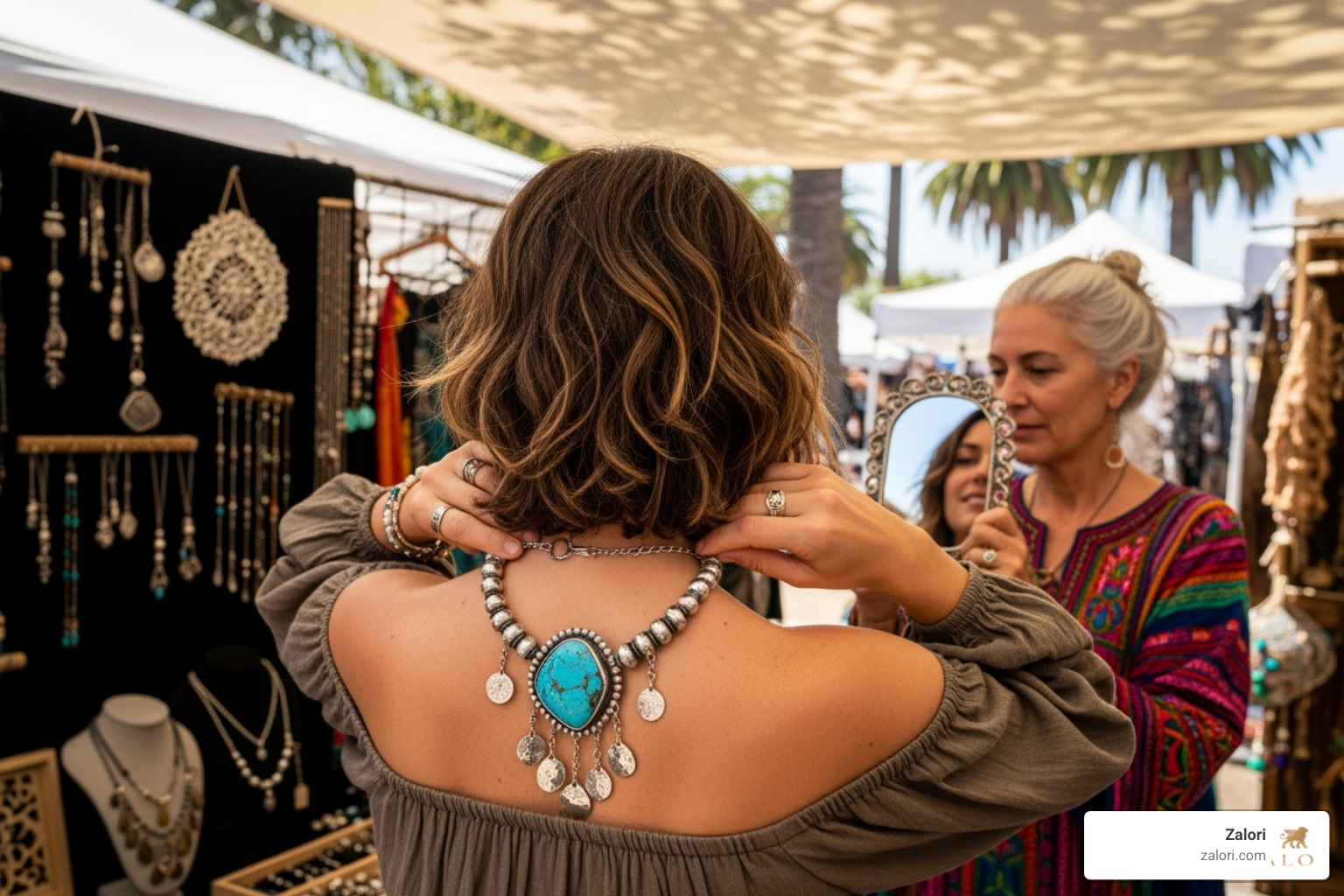 A stylish woman trying on a unique necklace at an outdoor market stall in Los Angeles - luxury jewelry Los Angeles A stylish woman trying on a unique necklace at an outdoor market stall in Los Angeles - luxury jewelry Los Angeles