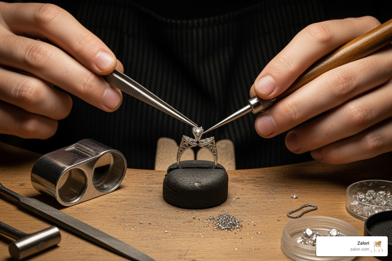 A jeweler's hands carefully setting a diamond into a custom-designed ring - luxury jewelry Los Angeles A jeweler's hands carefully setting a diamond into a custom-designed ring - luxury jewelry Los Angeles