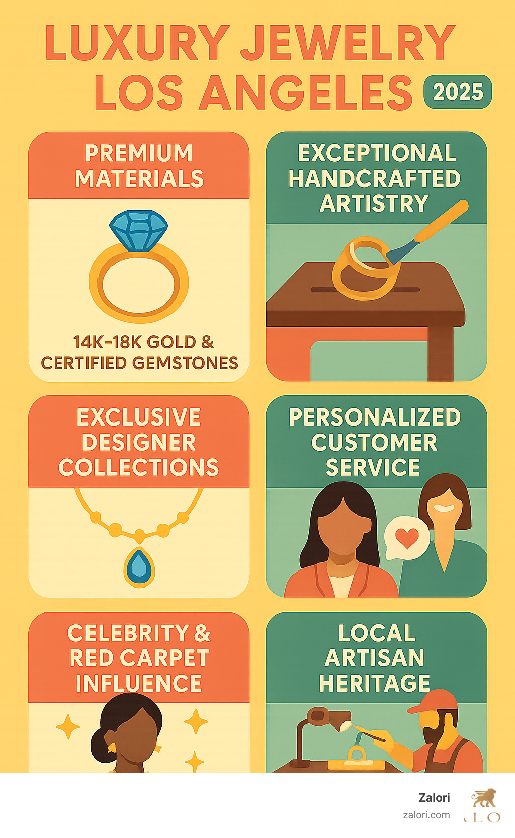 Infographic showing the key characteristics of luxury jewelry in Los Angeles: premium materials including 14k-18k gold and certified gemstones, exceptional handcrafted artistry, exclusive designer collections, personalized customer service, celebrity and red carpet influence, and local artisan heritage - luxury jewelry Los Angeles infographic Infographic showing the key characteristics of luxury jewelry in Los Angeles: premium materials including 14k-18k gold and certified gemstones, exceptional handcrafted artistry, exclusive designer collections, personalized customer service, celebrity and red carpet influence, and local artisan heritage - luxury jewelry Los Angeles infographic