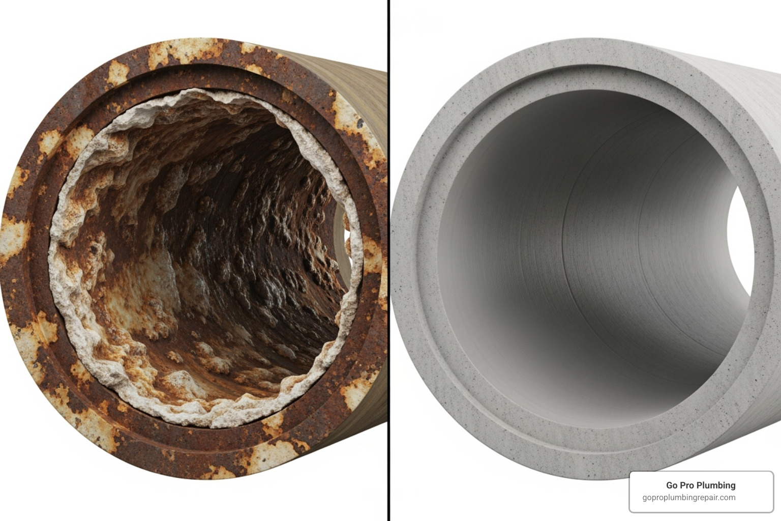 Side-by-side comparison of a pipe before and after descaling, showing a heavily scaled interior on the left and a clean, smooth interior on the right - descaling sewer line