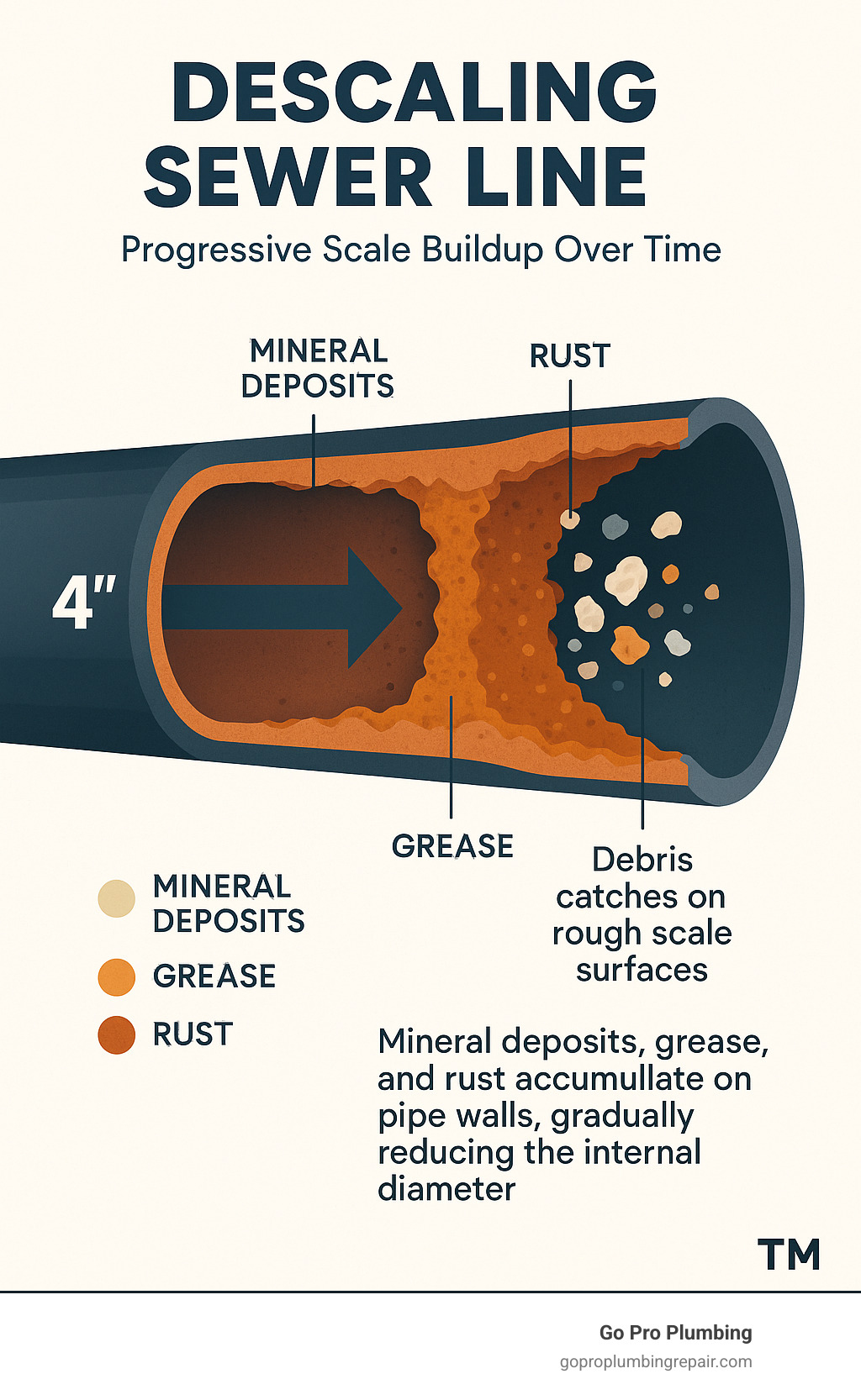 Infographic showing cross-section of a sewer pipe with progressive scale buildup over time, demonstrating how mineral deposits, grease, and rust accumulate on pipe walls, gradually reducing the internal diameter from 4 inches to 2 inches, with debris catching on rough scale surfaces - descaling sewer line infographic 