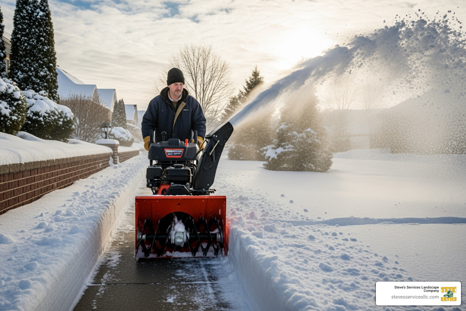 a snow blower on a residential walkway - residential snow removal