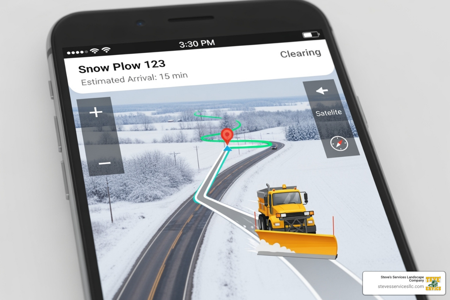 A smartphone app showing GPS tracking of a snow plow on a map, with route and vehicle status displayed - residential snow removal