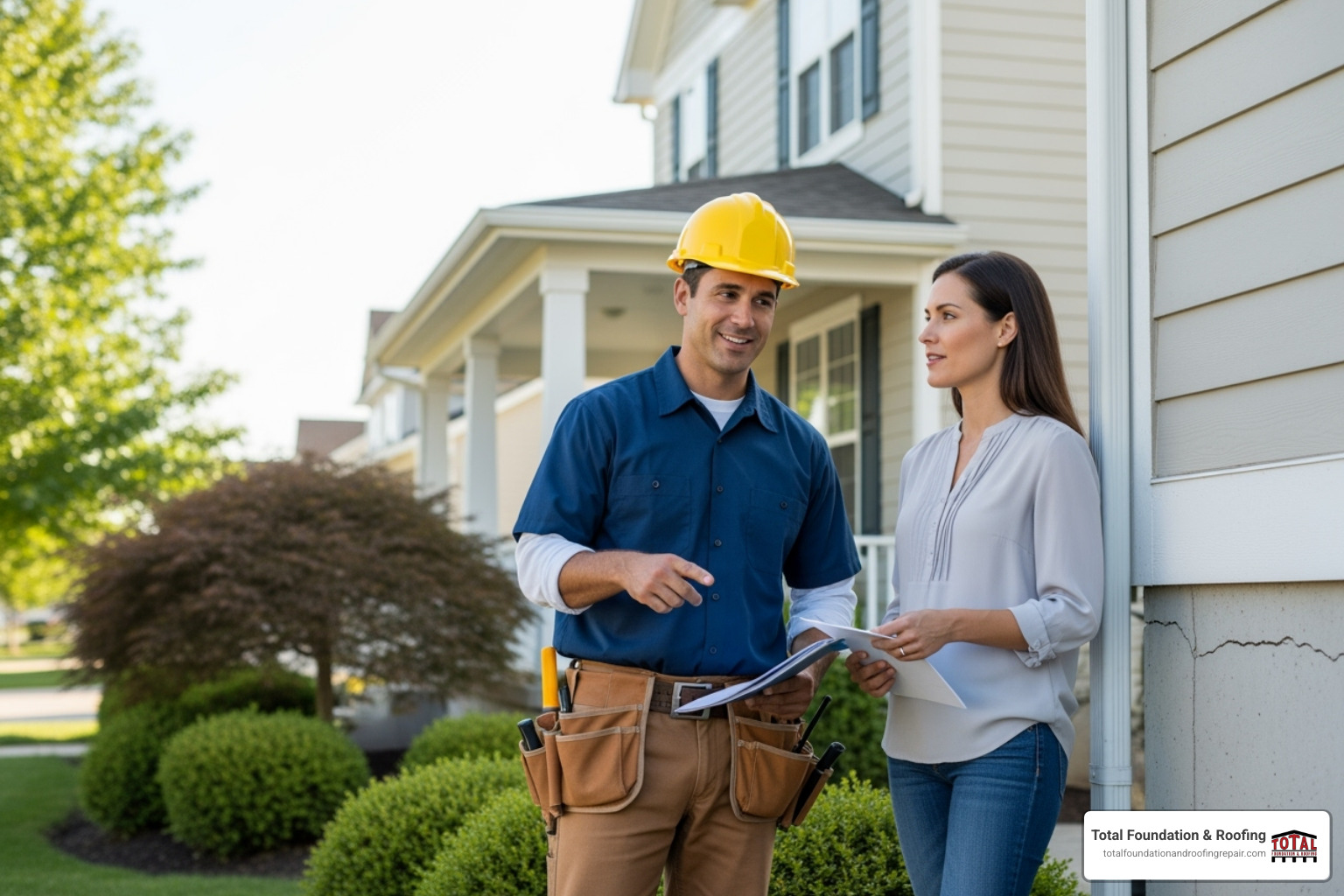 friendly contractor talking with a homeowner - home foundation repair near me