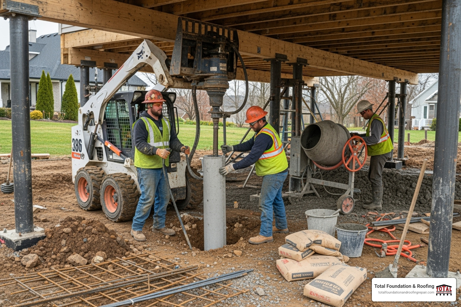 workers performing a concrete pier installation - home foundation repair near me