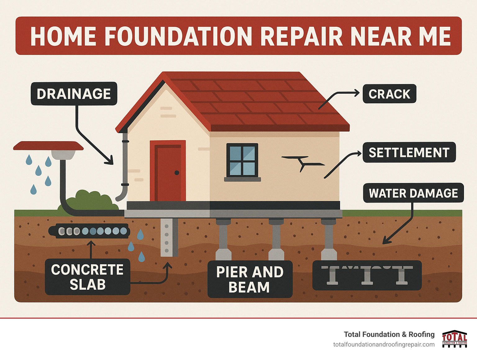 Comprehensive infographic showing home foundation components including concrete slab, pier and beam systems, drainage systems, and common problem areas like cracks, settlement, and water damage with arrows pointing to each element - home foundation repair near me infographic 