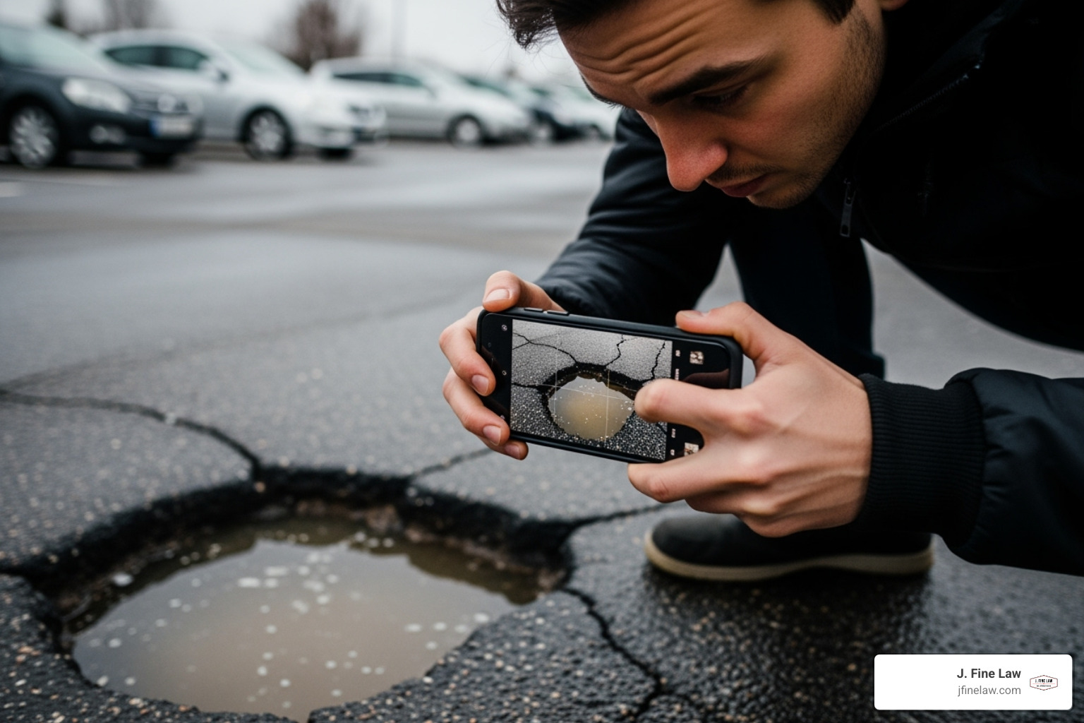 someone taking a photo of a hazard with their phone - parking lot slip and fall accident lawyer philadelphia