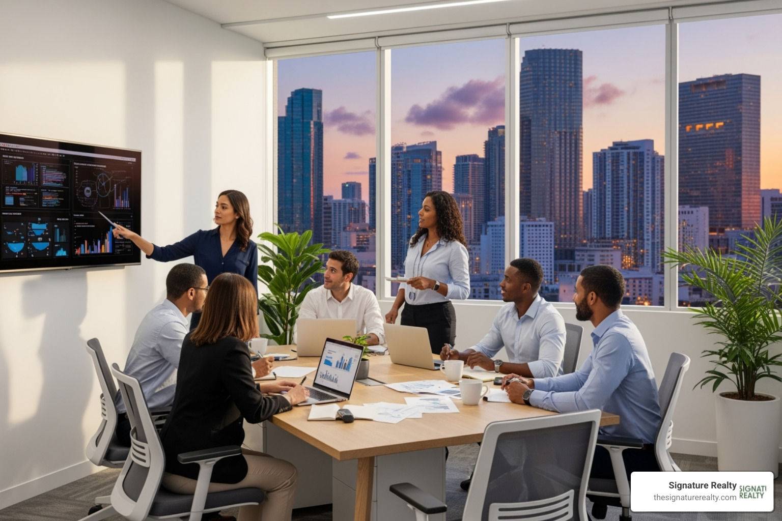 Professional team collaborating in a bright, modern Miami office with city views - office for rent miami downtown Professional team collaborating in a bright, modern Miami office with city views - office for rent miami downtown