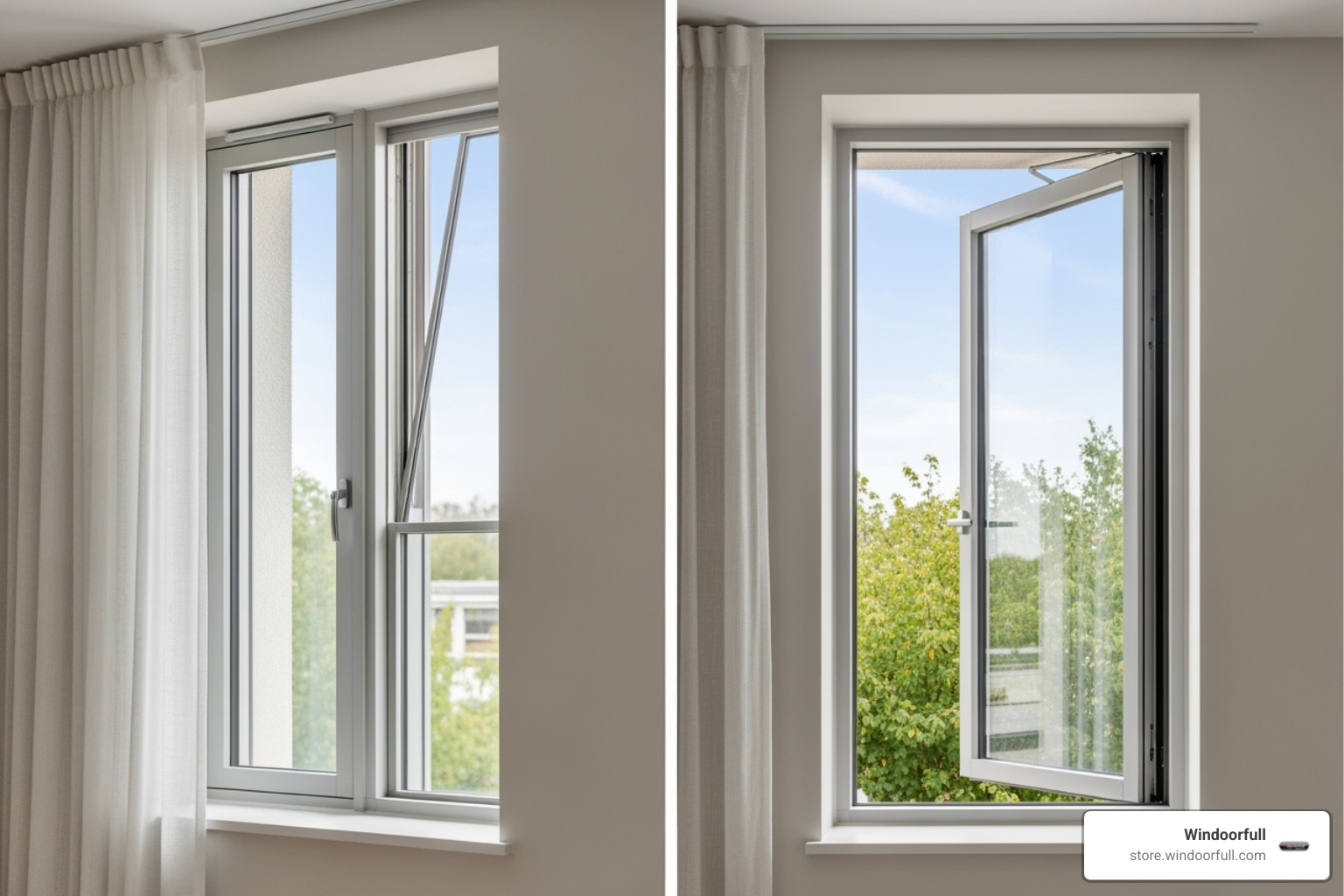 Image of a tilt and turn window shown in both the "tilt" and "turn" positions - tilt and turn windows vs double hung