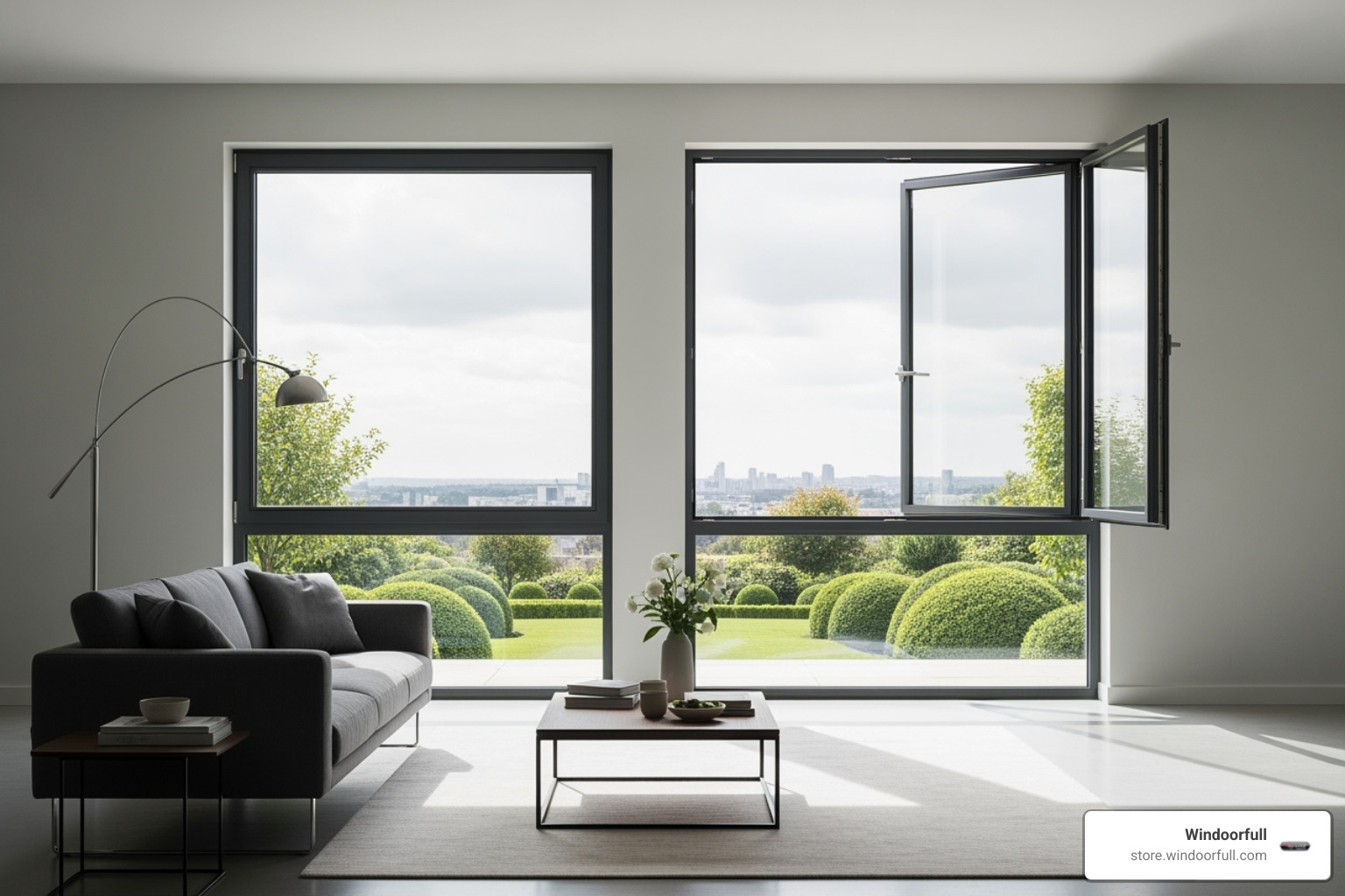 Image of a sleek, modern living room featuring large tilt and turn windows - tilt and turn windows vs double hung