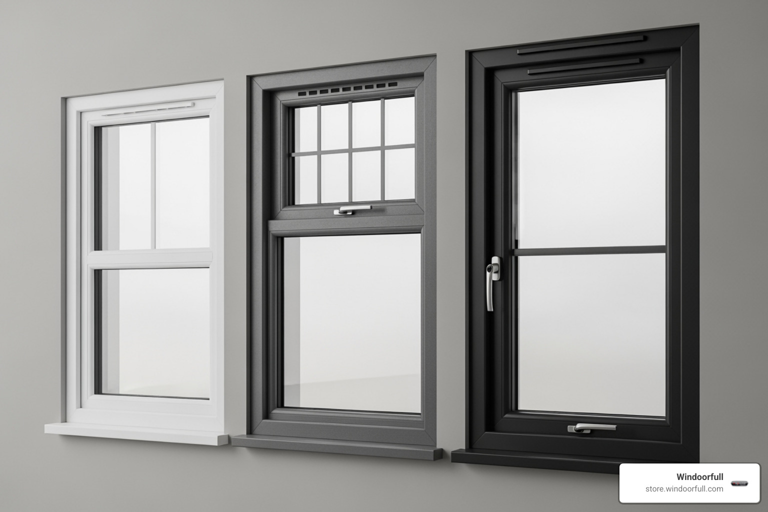 three windows side-by-side representing basic, mid-tier, and premium options - tilt and turn double glazed windows cost