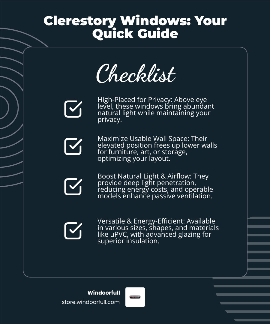 Comprehensive guide showing clerestory window types, placement options, benefits including natural light and privacy, size variations from narrow bands to 20-foot spans, ventilation advantages, and material choices with energy efficiency ratings - clerestory windows for sale infographic checklist-dark-blue