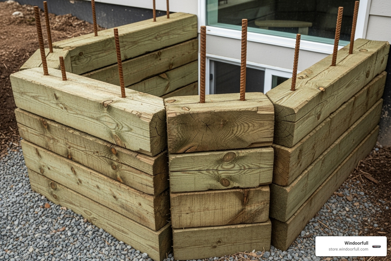 stacked 6x6 pressure-treated timbers secured with rebar - window well wood