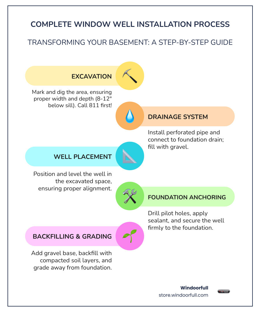 Complete window well installation process showing excavation, drainage system, well placement, foundation anchoring, and proper backfilling with gravel and soil layers - digging a window well infographic infographic-line-5-steps-colors
