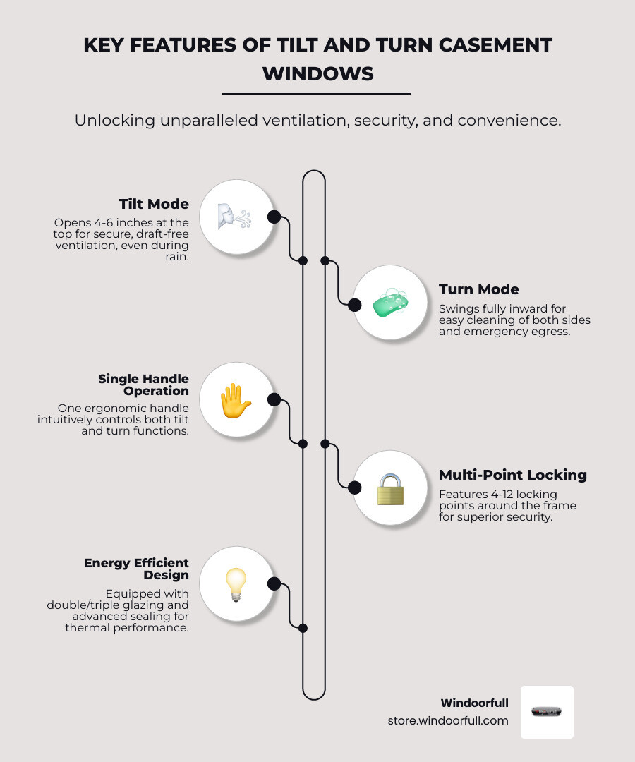 Infographic showing tilt and turn window dual functionality with two side-by-side diagrams: left showing tilt mode with window opening 4-6 inches at top for ventilation, right showing turn mode with window swinging fully inward like a door for cleaning access - tilt and turn casement windows infographic infographic-line-5-steps-neat_beige