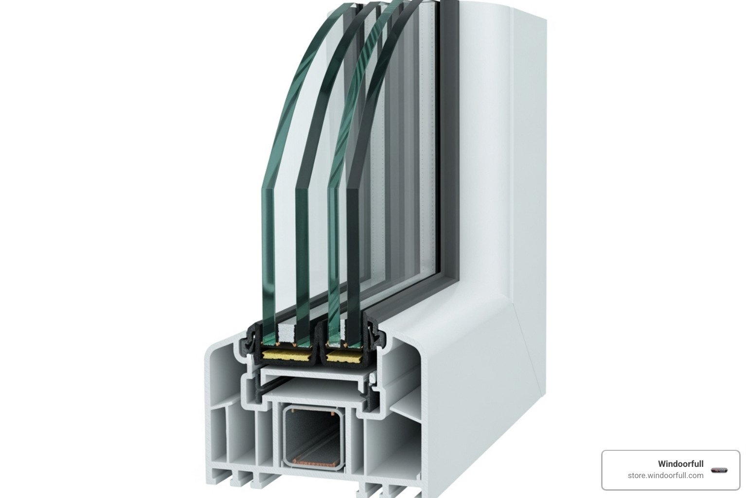 cross-section of a multi-chambered uPVC frame with triple glazing - tilt and turn casement windows