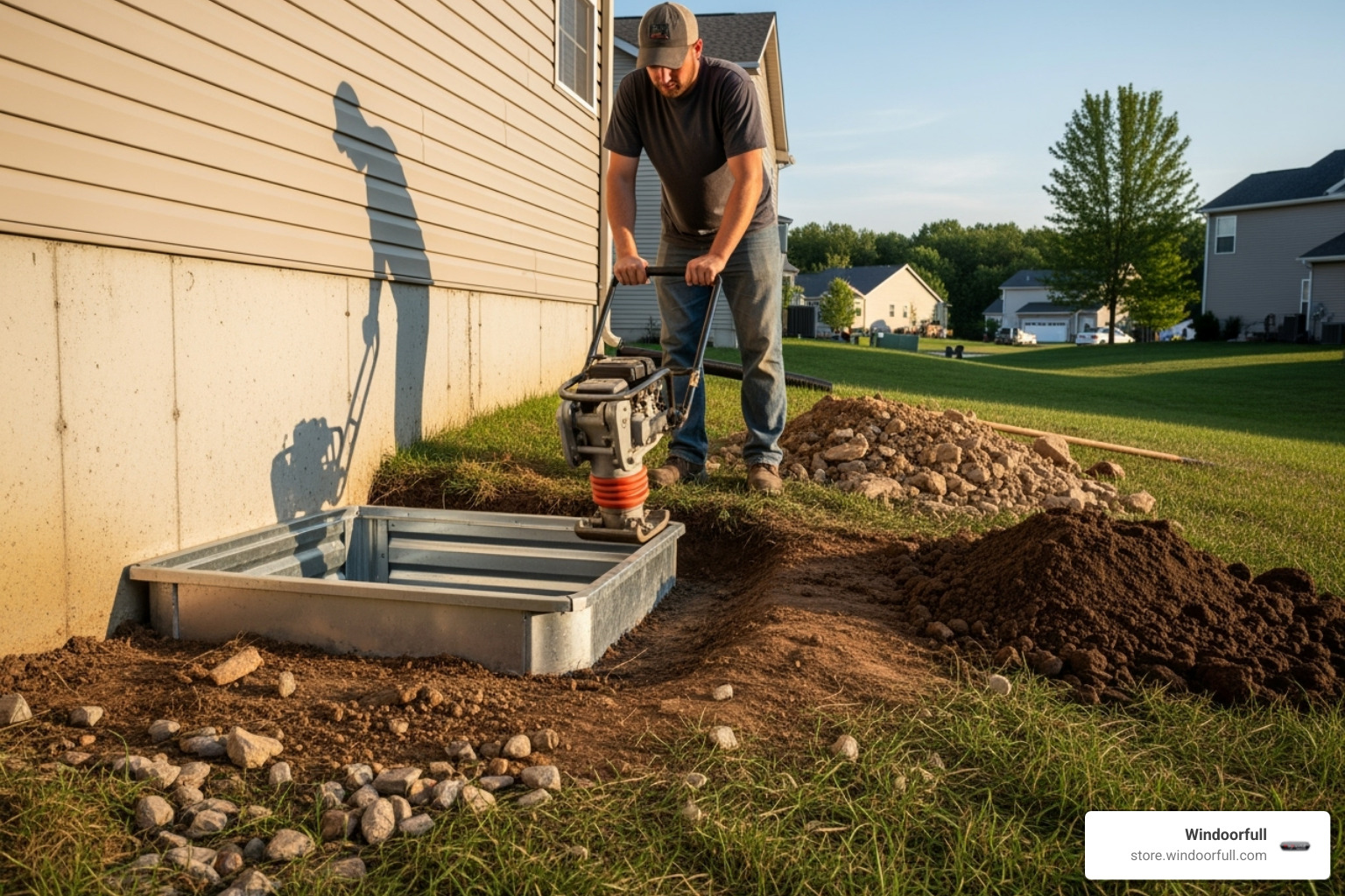 person tamping down soil around a newly installed window well - digging a window well