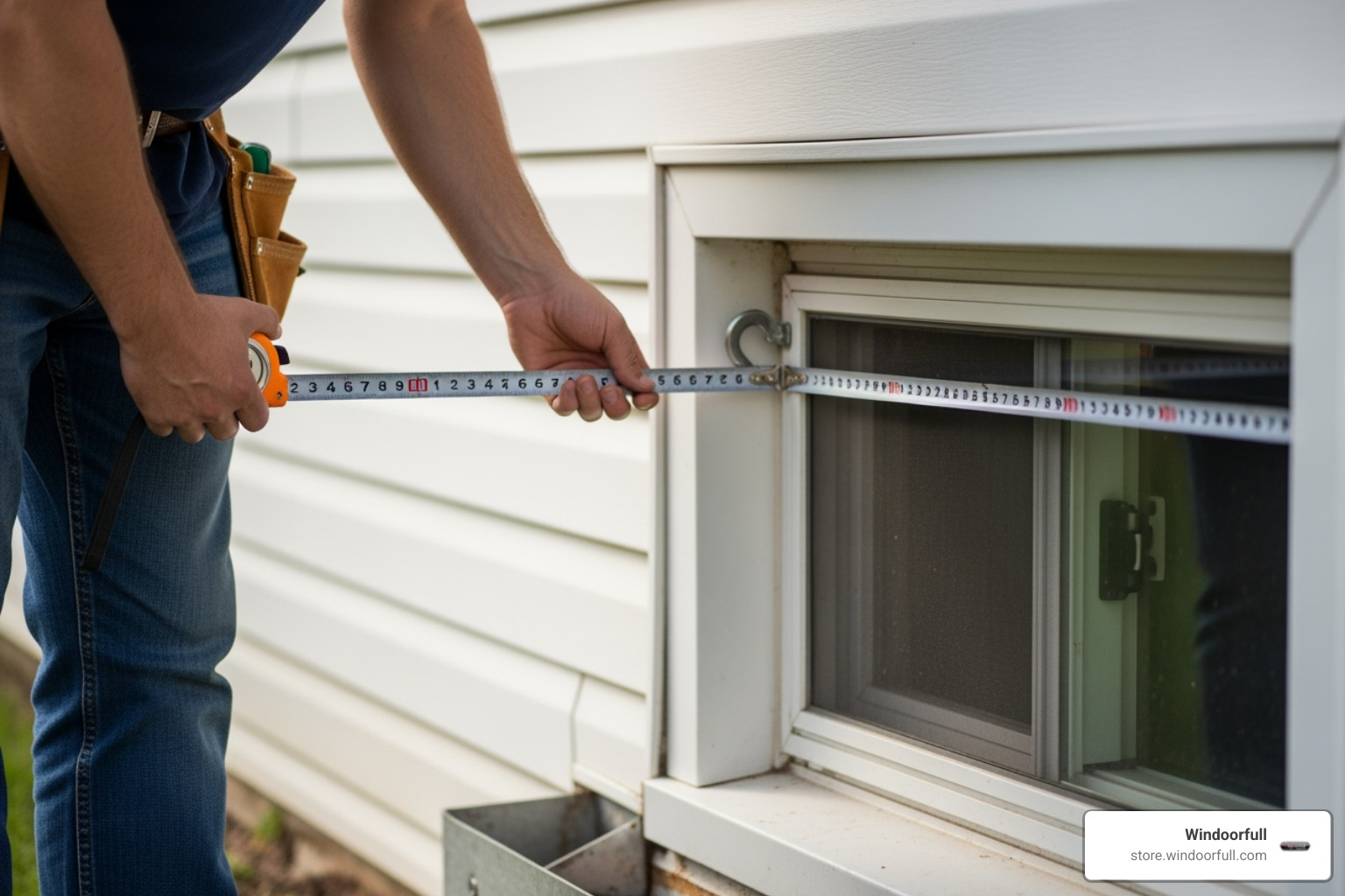 someone measuring a basement window from the outside - digging a window well