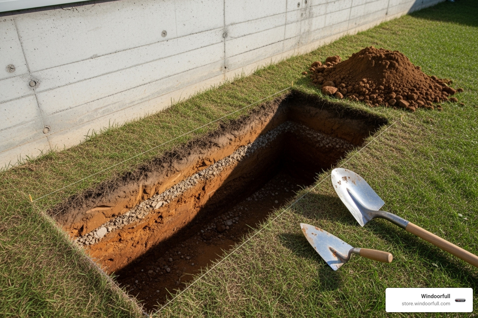 neatly excavated hole ready for the well - digging a window well