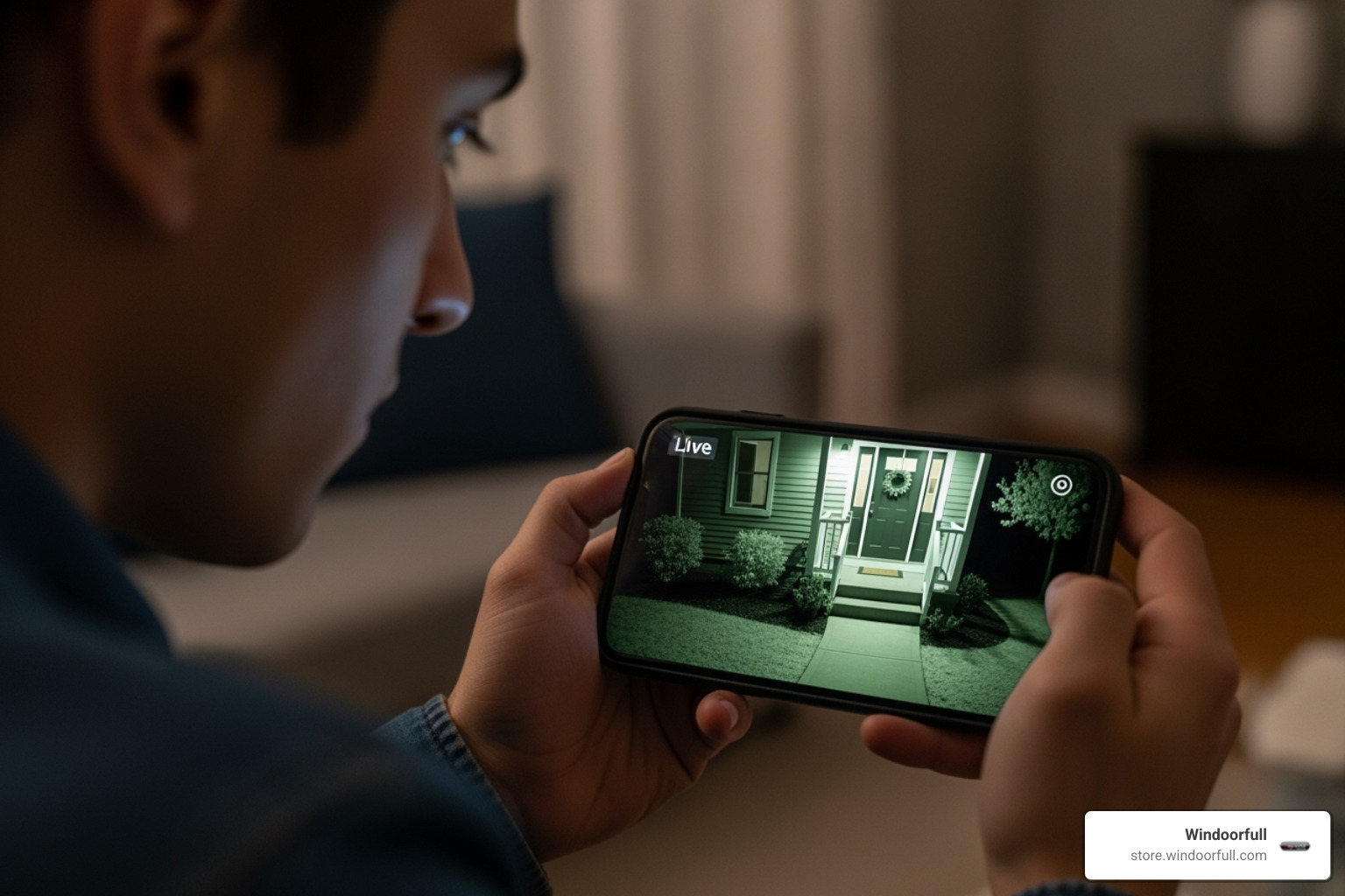 person using smartphone to view home security camera feed - Improve home security