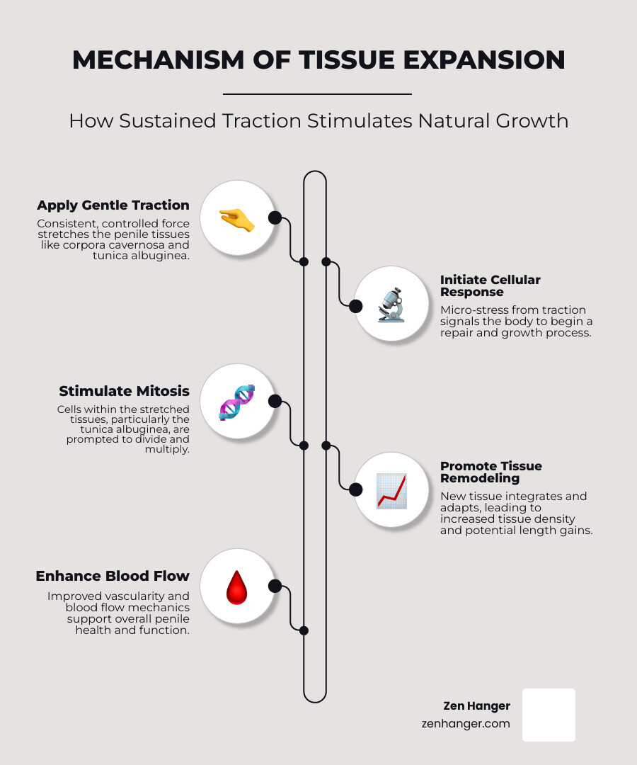 Infographic showing the mechanism of tissue expansion through sustained, gentle traction, including anatomical cross-section of penis showing corpora cavernosa, tunica albuginea, and blood flow mechanics during exercise - safe penis exercises infographic infographic-line-5-steps-neat_beige