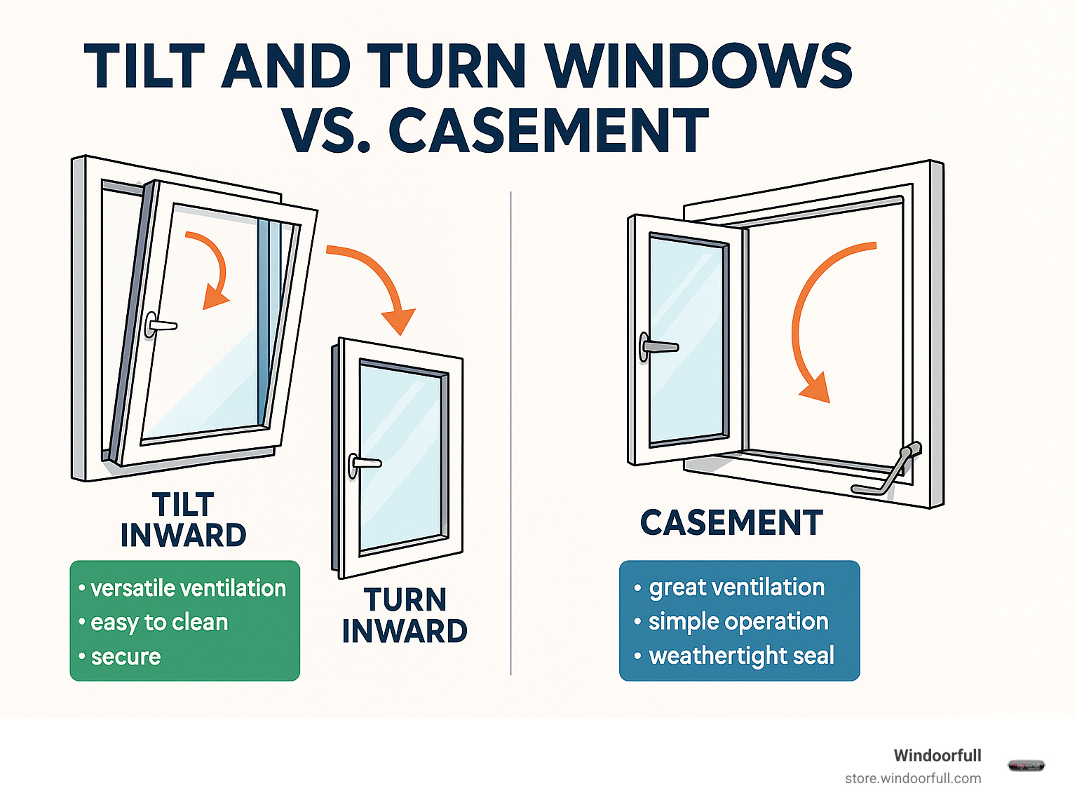 Detailed comparison infographic showing tilt and turn window opening inward in two positions (tilt from top for ventilation, turn fully inward like door) versus casement window opening outward on side hinges with crank mechanism, including arrows showing motion directions and key benefits of each style - tilt and turn windows vs casement infographic 