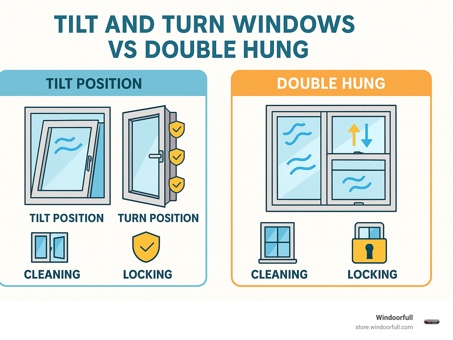 Detailed comparison infographic showing tilt and turn window opening in both tilt position (6 inches from top) and turn position (90% sash width opening) versus double hung window with two independently sliding sashes, highlighting ventilation patterns, cleaning access, and locking mechanisms - tilt and turn windows vs double hung infographic 