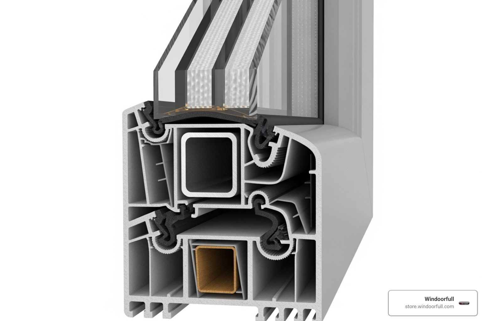 A detailed cross-section of a multi-chambered uPVC window frame, clearly showing the internal steel reinforcement, multiple air chambers for insulation, and the intricate system of weather seals around the sash. - euro windows